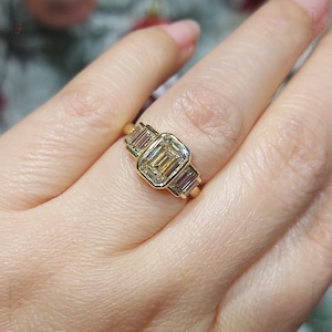 Vintage Emerald cut Engagement Ring Art Deco Engagement Ring Bezel Set Baguette Diamond Ring  Five Stone Baguette Ring  14K Gold Bezel Ring