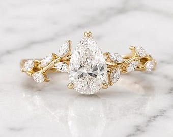 14k Solid Gold Pear Cut Diamond Engagement Ring, Nature Inspired Lab Grown Diamond Ring for Women, Handmade Anniversary Gift for Her