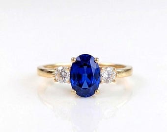 2.3ct Blue sapphire ring, Natural engagement ring, Oval sapphire ring, 14k Yellow gold engagement ring, Side diamond ring, Perfect gift