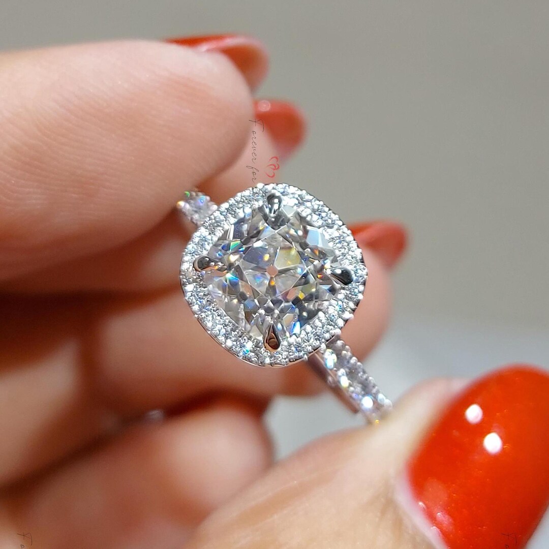 Unique Vintage Cushion Cut Engagement Ring, Yellow Gold Halo