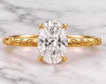 14k Oval Cut Vintage Lab Grown E ,VVS2 Clarity IGI Certified Diamond Ring, Vintage Oval cut Ring with Floral Band, gift for her