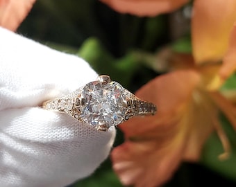 14K Yellow Gold Art Deco Antique Diamond Engagement Vintage IGI CERTIFIED Hand Engraved Filigree Engagement Proposal Anniversary Ring