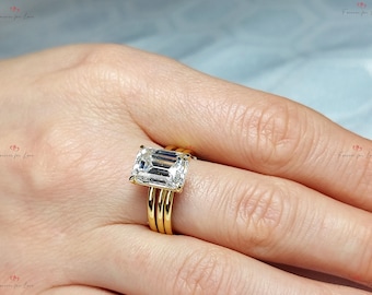 3 Carat Emerald Cut Moissanite Wedding Set in Yellow Gold, Three Bands Emerald Bridal Set, Moissanite Emerald Cut Bridal Set for Her.