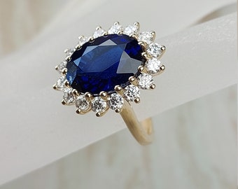 Anillo de compromiso con zafiro azul vintage, anillo de diamantes naturales en oro amarillo de 14 k con corte ovalado certificado por la Princesa Diana, anillo de zafiro azul de 6 quilates.