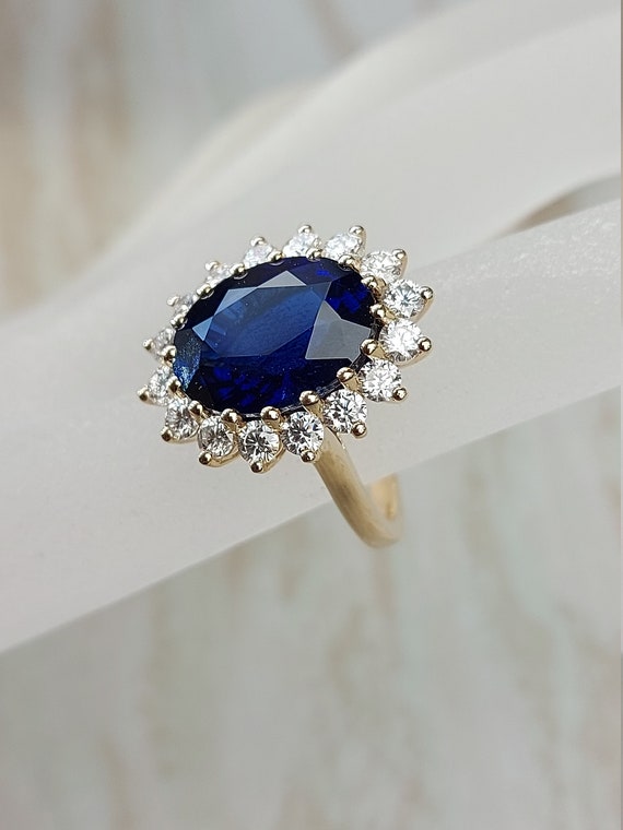 Vintage Blue Sapphire Engagement Ring, Princess Diana Certified Oval Cut  14k Yellow Gold Natural Diamond Ring, 8 Ct Blue Sapphire Ring. - Etsy