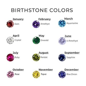 Puede incluir: Tabla de "COLORES DE PIEDRAS DE NACIMIENTO". Cada mes se asocia con una gema: Enero-Siam, Febrero-Amatista, Marzo-Aguamarina, Abril-Cristal, Mayo-Esmeralda, Junio-Lt Amatista, Julio-Rub&iacute;, Agosto-Peridoto, Septiembre-Zafiro, Octubre-Rosa, Noviembre-Topacio, Diciembre-Zirc&oacute;n azul.