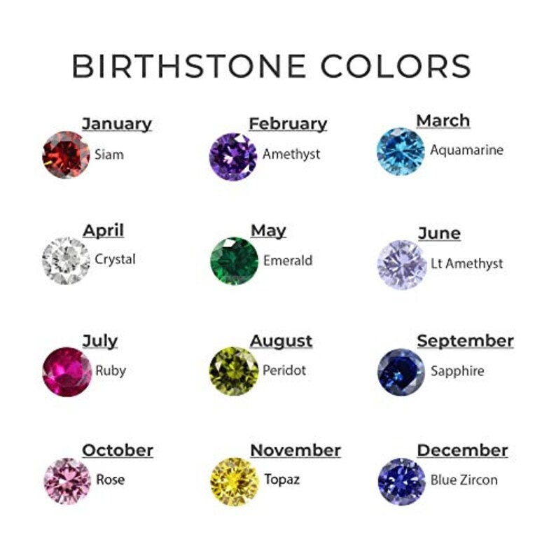 Puede incluir: Tabla de "COLORES DE PIEDRAS DE NACIMIENTO". Cada mes se asocia con una gema: Enero-Siam, Febrero-Amatista, Marzo-Aguamarina, Abril-Cristal, Mayo-Esmeralda, Junio-Lt Amatista, Julio-Rub&iacute;, Agosto-Peridoto, Septiembre-Zafiro, Octubre-Rosa, Noviembre-Topacio, Diciembre-Zirc&oacute;n azul.