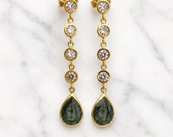 3.5 tcw Moss Agate earrings, Pear Moss agate and Round Lab Diamond earrings, Dangling earrings, Bezel setting dangling earring, Perfect gift