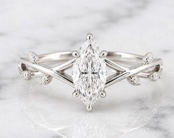 Nature inspired Marquise Diamond Engagement Ring Lab Grown Diamond With Round side stones Six Claw Prong Setting Ring Gift