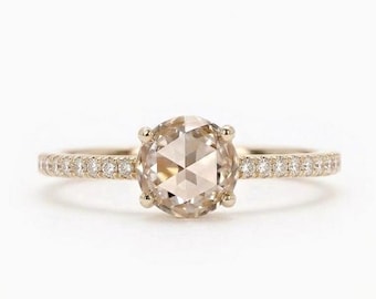 Antique Rose Cut Diamond Engagement Ring Low Profile Ring Real Lab Grown Diamond Ring Wedding Ring for Her Pave Band Ring Anniversary Gift