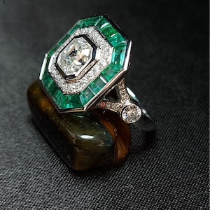 Vintage Art Deco Ring, Ascher Cut Moissanite and Emerald Ring, Double Halo Wedding Engagement Ring, Anniversary Gift for her.