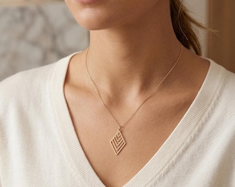 Geometric Chevron Pendant Necklace, Minimalist Gold Layered Diamond Shape Necklace, Modern Everyday Jewelry, Dainty Gold Necklace
