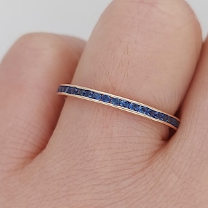 Sapphire Blue Full Eternity Ring, 14K & 18K Rose Gold Wedding Band, Stacking Ring in Yellow, White, or Rose Gold