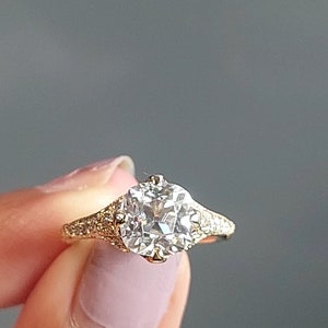 Unique Vintage Old Mine Cut Cushion Cut Moissanite Engagement Ring Art Deco OMC Solitaire Solid Gold Solitaire Proposal Anniversary Ring.