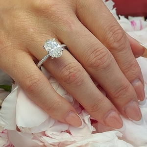 Oval Engagement Ring, 4Ct Crushed ice Oval 12*8mm Moissanite engagement ring, diamond hidden halo , three row pave bridal proposal Ring.