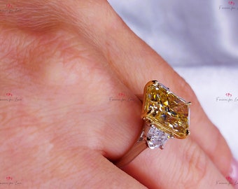 6 Ct Radiant Cut Canary Yellow Moissanite Engagement Ring, Solid Gold Promise Ring,Trillion Cut Diamond Ring, Anniversary Gift Ring for Her.