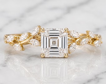 3.5 carat E color VVS2 Clarity IGI CERTIFIED Nature Inspired Asscher Cut Lab Grown Diamond Engagement Ring , Side Marquise 14k White Gold