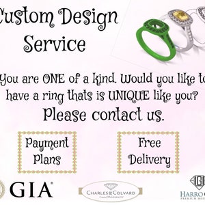 May include: A pink and white advertisement for custom designed rings. The ad features three rings, one green, one silver, and one white gold. The text reads "Custom Design Service" and "You are ONE of a kind. Would you like to have a ring that is UNIQUE like you? Please contact us." The ad also includes the text "Payment Plans", "Free Delivery", "GIA", "Charles & Colvard Created Moissanite", and "Harro Gem Premium Moissanite".
