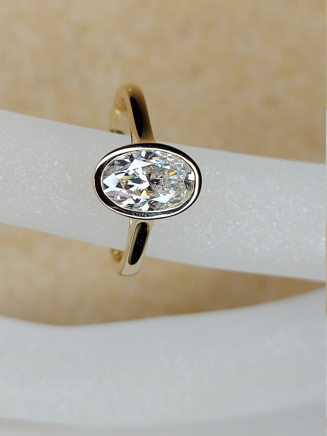 Oval Moissanite Engagement Ring Bezel Set Solid Gold, Solitaire ...
