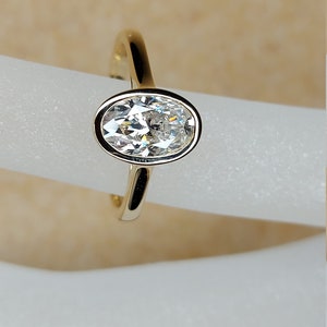 Oval Moissanite Engagement Ring bezel set solid gold, Solitaire engagement ring Diamond Wedding, Delicate Women Oval Cut Promise Anniversary