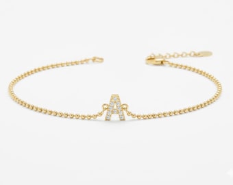 Pulsera con inicial en oro de 14 quilates, pulsera con inicial y diamantes, dije de diamante, pulsera con letra, oro macizo, joyería con inicial, regalo personalizado