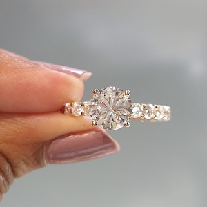 Unique Vintage Round Moissanite engagement ring in solid yellow gold Art deco Round cut Proposal Ring chunky band Anniversary gift for her