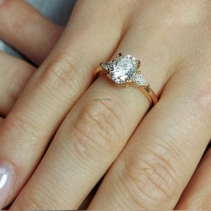 Oval Moissanite engagement ring, vintage unique rose gold engagement ring women Pear Cut diamond wedding Bridal Promise ring.