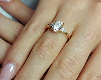 Oval Moissanite engagement ring, vintage unique rose gold engagement ring women Pear Cut diamond wedding Bridal Promise ring.