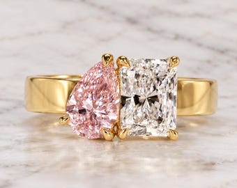2 CT Radiant & Pink Pear Diamond Engagement Ring Toi et Moi Ring for Women IGI Certified Diamond Double Stone Ring 4 mm Wide Band Ring