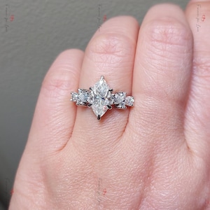 2 Ct Marquise Moisssanite Vintage Ring, Cluster Pear Diamond Ring, CERTIFIED, Yellow gold Custom made ring, Unique Engagement Ring.