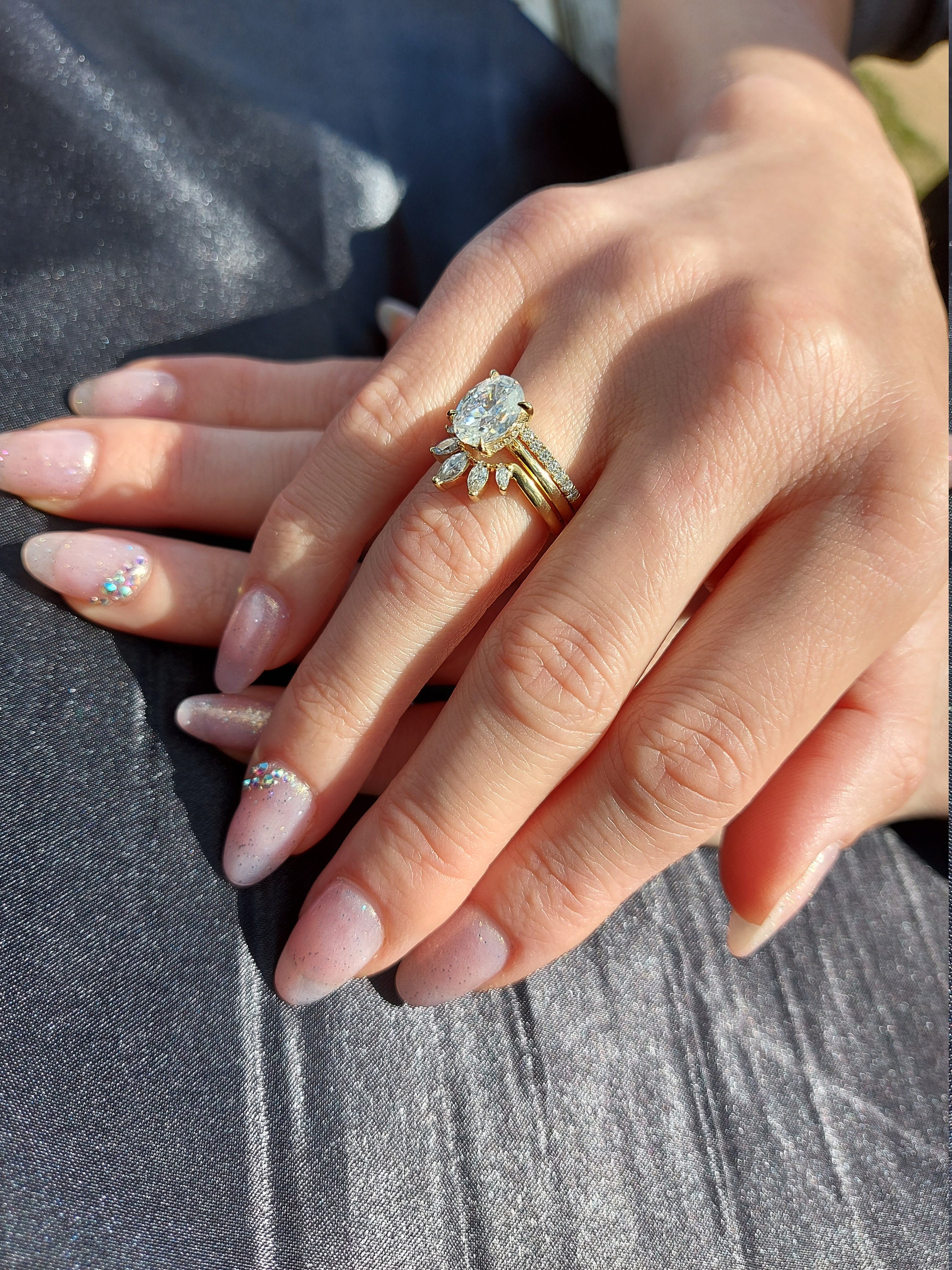 Oval Moissanite Engagement Ring Set Vintage Unique Yellow Gold | Etsy