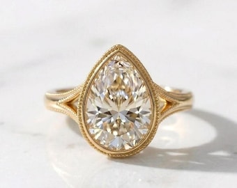 3.5ct Pear Cut Vintage Lab Grown E ,VVS2 Clarity IGI Certified Diamond Ring, Vintage Pear cut Ring with Milgrain Split Shank, gift for Her