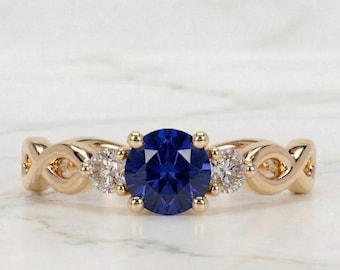 Natural Blue Sapphire Engagement Ring 10K 14K 18K Solid Gold Sapphire Engagement Ring Round Sapphire Ring Real Blue Sapphire Ring for Women