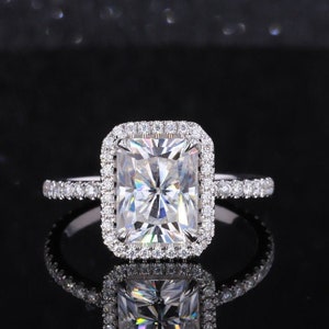 3 CT Radiant Cut Forever One Moissanite Engagement Ring  9*7MM Radiant Cut Ring, 14K White Gold Halo Ring ForeverForLove