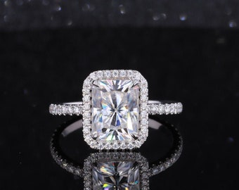 3 CT Radiant Cut Forever One Moissanite Engagement Ring  9*7MM Radiant Cut Ring, 14K White Gold Halo Ring ForeverForLove