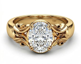2.5ct E, VVS2 IGI Certified Oval Diamond Ring, Vintage Floral Gold Engagement Ring, Solitaire Ring, Unique Thick Band Ring, Perfect gift