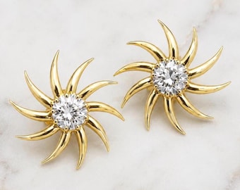 2.00 TCW Round Lab Diamond Sun Burst Earrings, Solid Gold Earrings, Sun burst Everyday Earrings, Lab diamond earrings, Perfect gift