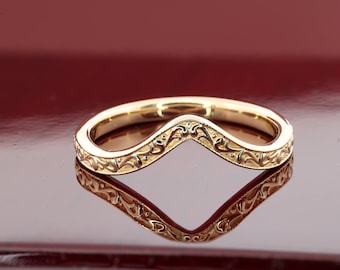 Art Deco Curvy Wedding Band Vintage yellow Gold Band unique Milgrain wedding band Bridal Stacking wedding Promise Anniversary ring for her