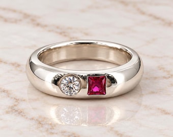 14k Gold Iconic Dome Diamond & Ruby Ring, Solid Gold Cigar Band, 4mm Wide Ring, Thick Band Wedding Band, Unisex Gold Band for Her