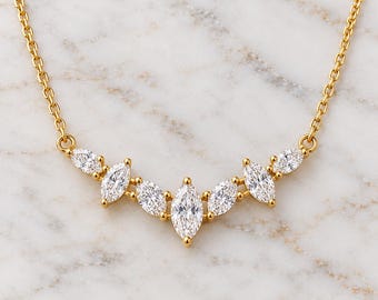0.5 ct Marquise Cut Lab Grown Diamond Necklace, Cluster Set Wedding Necklace, 14K Gold Necklace, Daily Wear Chain Necklace
