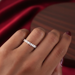 Moissanite wedding band women Unique Oval cut Half eternity band Rose gold wedding band vintage Stacking Matching bridal ring promise ring