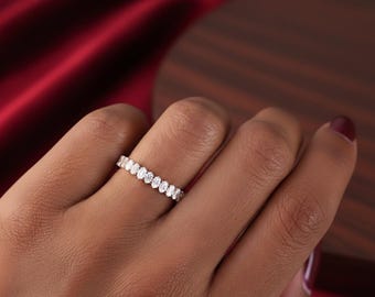 Moissanite wedding band women Unique Oval cut Half eternity band Rose gold wedding band vintage Stacking Matching bridal ring promise ring