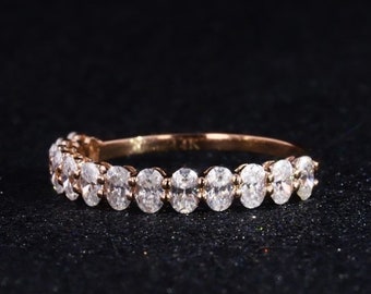 Moissanite wedding band women Unique Oval cut Half eternity band Rose gold wedding band vintage Stacking Matching bridal ring promise ring