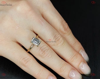 1.5 Carat E VVS2 IGI Certified CVD lab grown Emerald Cut engagement ring with hidden halo 14K Solid Gold Emerald Diamond Proposal Ring.
