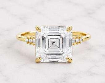 4.1 carat E color VVS2 Clarity IGI CERTIFIED Asscher Cut Lab Grown Diamond Engagement Ring , 14k Yellow Gold, Anniversary Gift for her