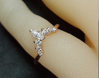 Curved wedding band, women vintage Moissanite Marquise cut Diamond wedding band, Solid 14K yellow gold Bridal Stacking Anniversary ring.