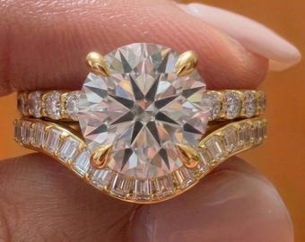 2ct Round Pave Diamond Engagement Ring Set, E,VVS2 IGI Certified Round Cut Bridal Set with Curved Baguette Wedding Band, Gold Bridal RingSet