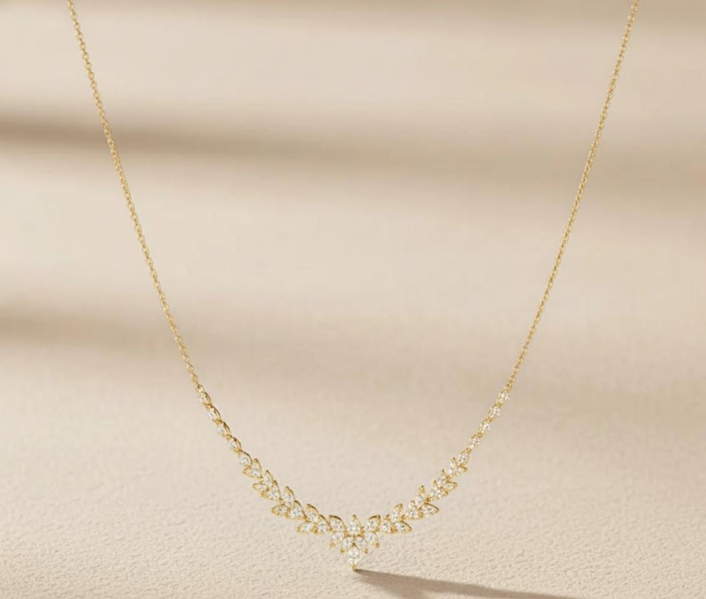 Collar de oro macizo de 18 quilates para boda con racimo, collar de marquesa de diamantes reales, collar de cadena de diamantes, regalo de aniversario. imagen 3