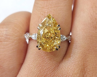 4.5 Ct Canary Yellow Pear Engagement Ring, With Marquise side stone, Hidden Halo,  14k Gold Ring, Perfect Anniversary Gift Bridal Ring