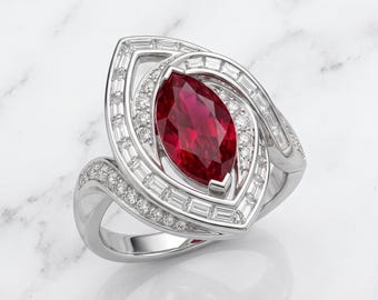 2.5 ct Ruby Pear Ring 14K solid gold Ring, Baguette and Round Lab Diamond, Minimalist Ring, Pear ring, Chunky ring, Gift for her.